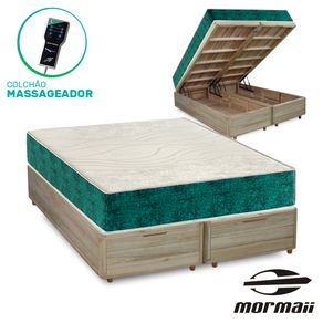 Cama Box com Baú Queen Rústica + Colchão Massageador - Mormaii - Smartzone Rupestre 158x198x72cm