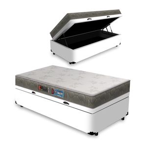 Cama Box Com Baú Solteiro Branca + Colchão De Espuma D33 - Castor - Sleep Max - 88x188x60cm