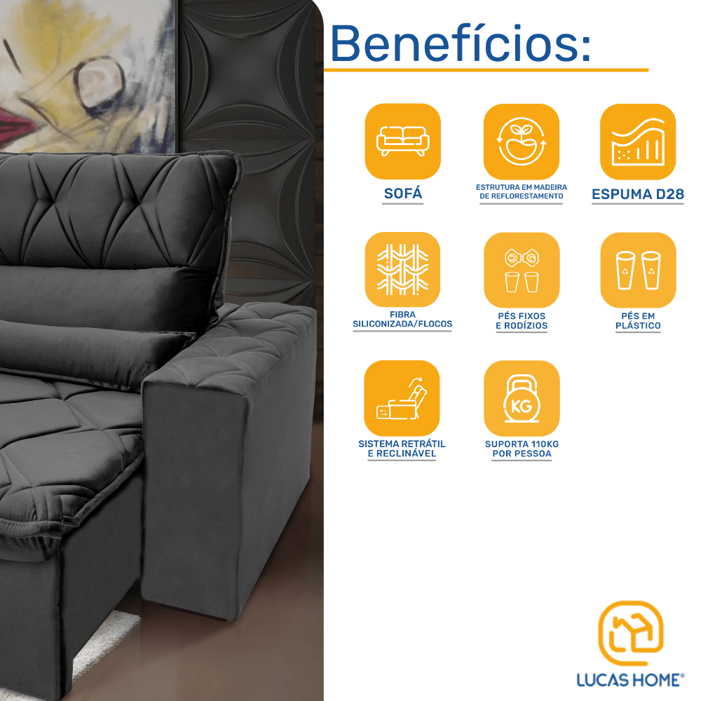 Sofá 5 Lugares Retrátil e Reclinável Atrative Cinza 300cm - lucashome