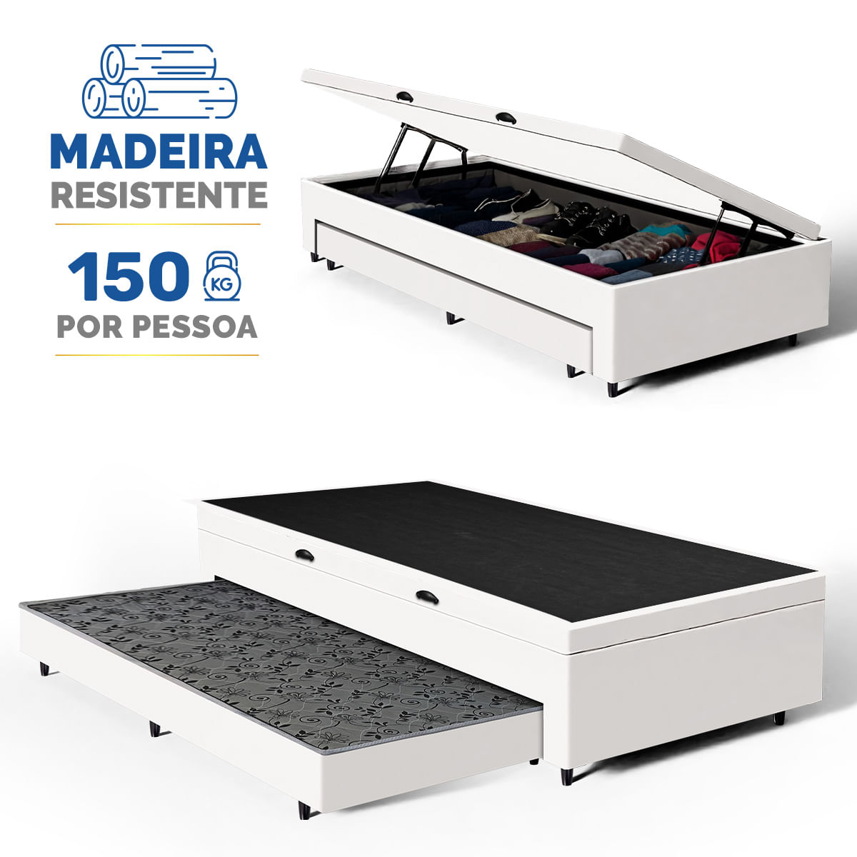 Bicama Box Baú + Auxiliar Solteiro 88cm Branco