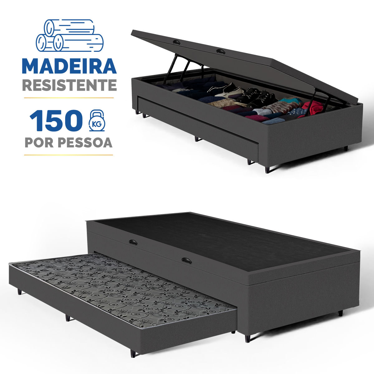 Bicama Box Baú + Auxiliar Solteiro 88cm Cinza